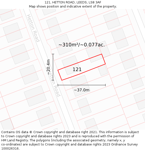 121, HETTON ROAD, LEEDS, LS8 3AF: Plot and title map