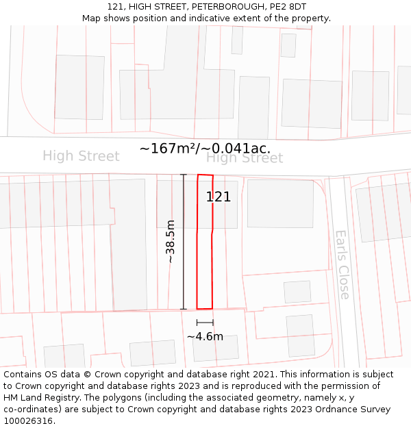 121, HIGH STREET, PETERBOROUGH, PE2 8DT: Plot and title map