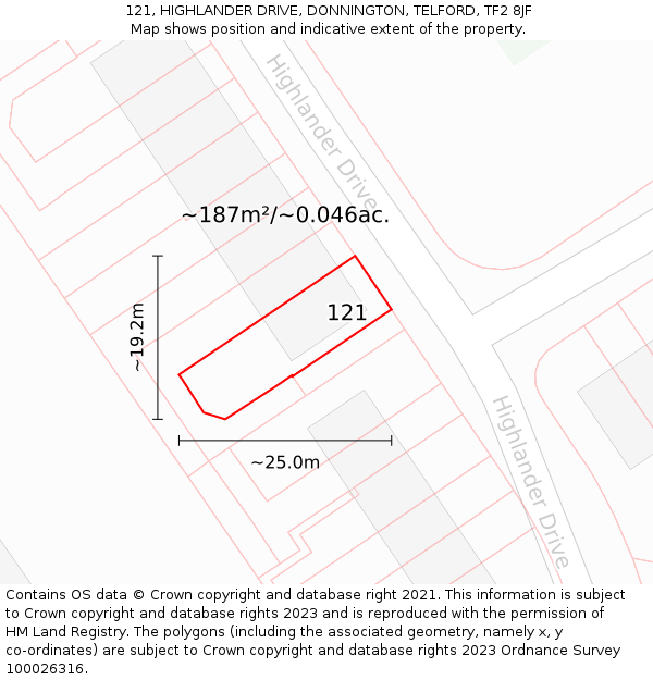 121, HIGHLANDER DRIVE, DONNINGTON, TELFORD, TF2 8JF: Plot and title map