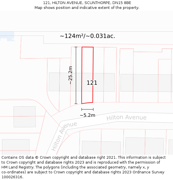 121, HILTON AVENUE, SCUNTHORPE, DN15 8BE: Plot and title map