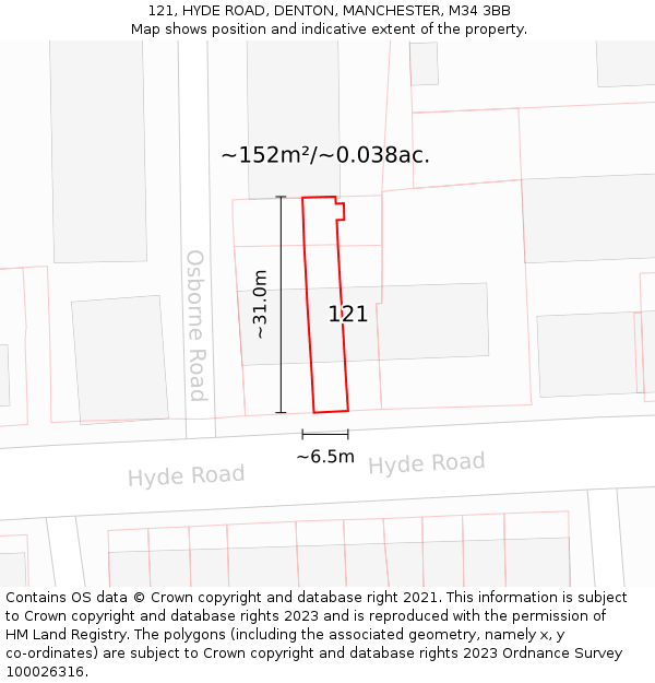 121, HYDE ROAD, DENTON, MANCHESTER, M34 3BB: Plot and title map