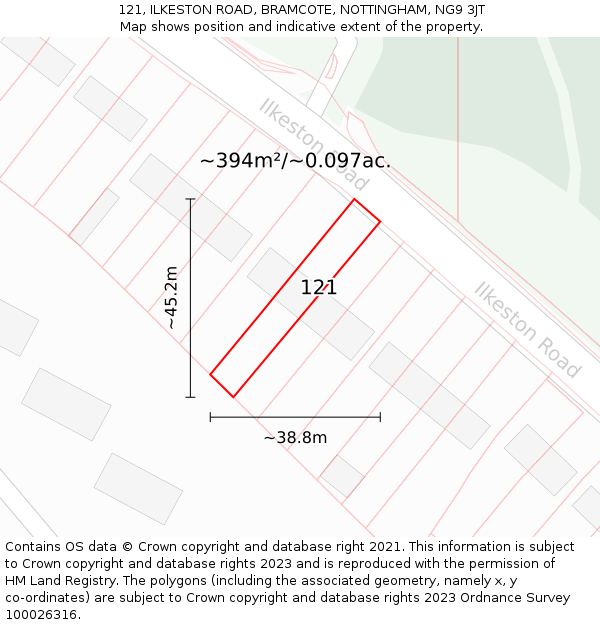 121, ILKESTON ROAD, BRAMCOTE, NOTTINGHAM, NG9 3JT: Plot and title map