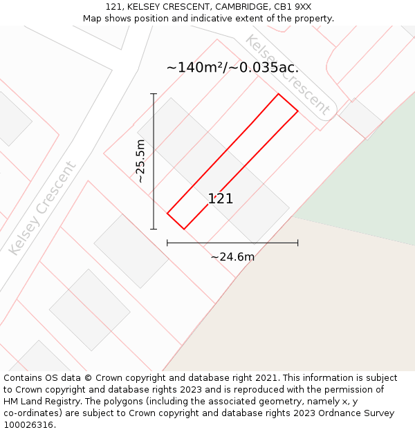 121, KELSEY CRESCENT, CAMBRIDGE, CB1 9XX: Plot and title map