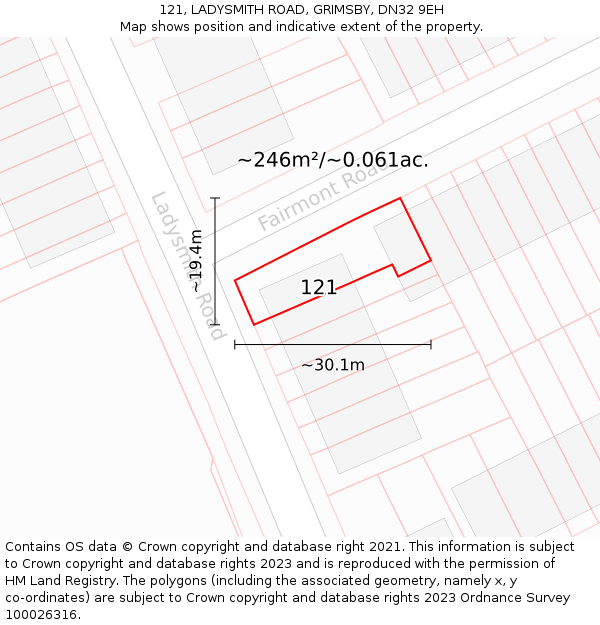 121, LADYSMITH ROAD, GRIMSBY, DN32 9EH: Plot and title map
