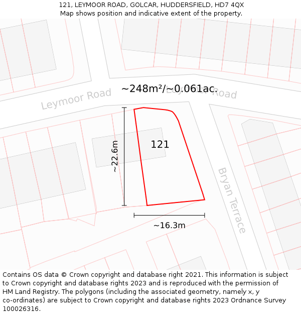 121, LEYMOOR ROAD, GOLCAR, HUDDERSFIELD, HD7 4QX: Plot and title map