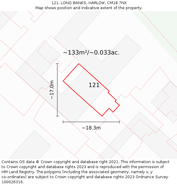 121, LONG BANKS, HARLOW, CM18 7NX: Plot and title map