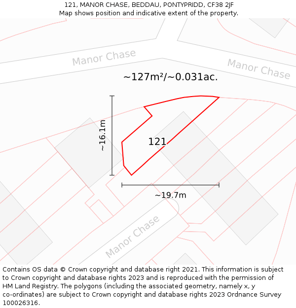 121, MANOR CHASE, BEDDAU, PONTYPRIDD, CF38 2JF: Plot and title map