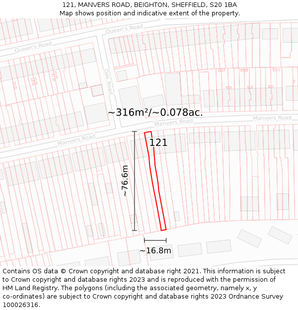 121, MANVERS ROAD, BEIGHTON, SHEFFIELD, S20 1BA: Plot and title map