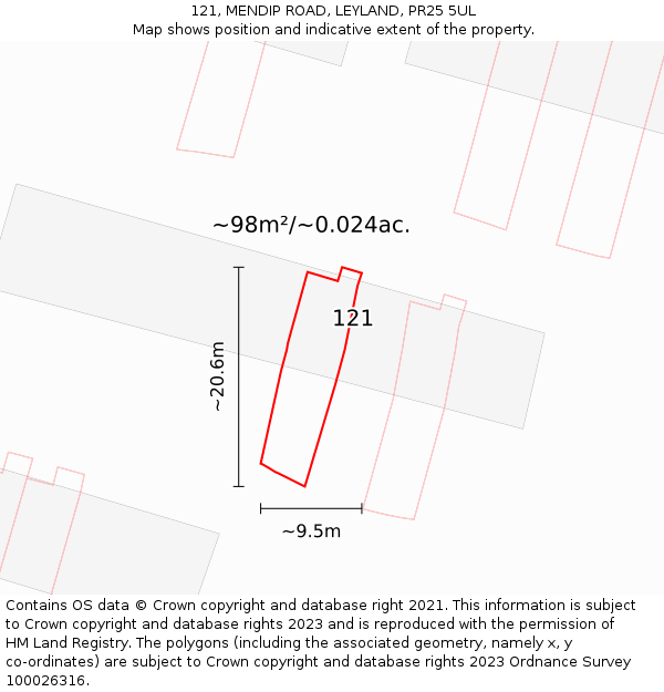 121, MENDIP ROAD, LEYLAND, PR25 5UL: Plot and title map