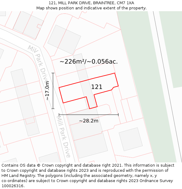 121, MILL PARK DRIVE, BRAINTREE, CM7 1XA: Plot and title map