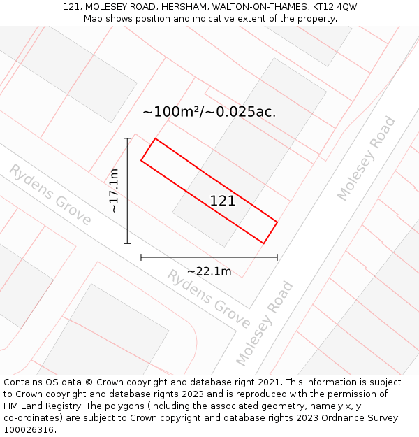 121, MOLESEY ROAD, HERSHAM, WALTON-ON-THAMES, KT12 4QW: Plot and title map