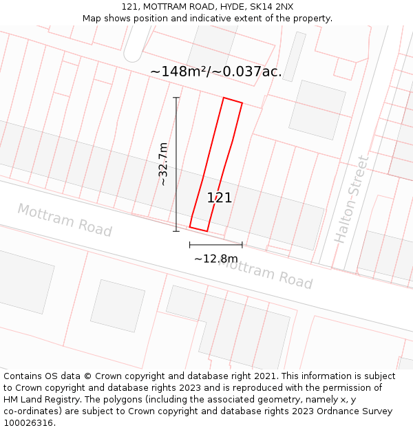 121, MOTTRAM ROAD, HYDE, SK14 2NX: Plot and title map