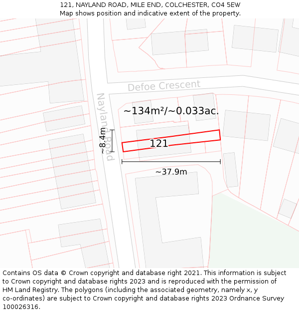 121, NAYLAND ROAD, MILE END, COLCHESTER, CO4 5EW: Plot and title map