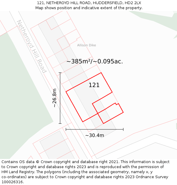 121, NETHEROYD HILL ROAD, HUDDERSFIELD, HD2 2LX: Plot and title map