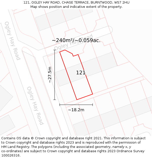121, OGLEY HAY ROAD, CHASE TERRACE, BURNTWOOD, WS7 2HU: Plot and title map