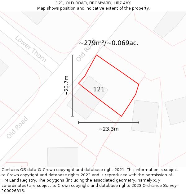 121, OLD ROAD, BROMYARD, HR7 4AX: Plot and title map