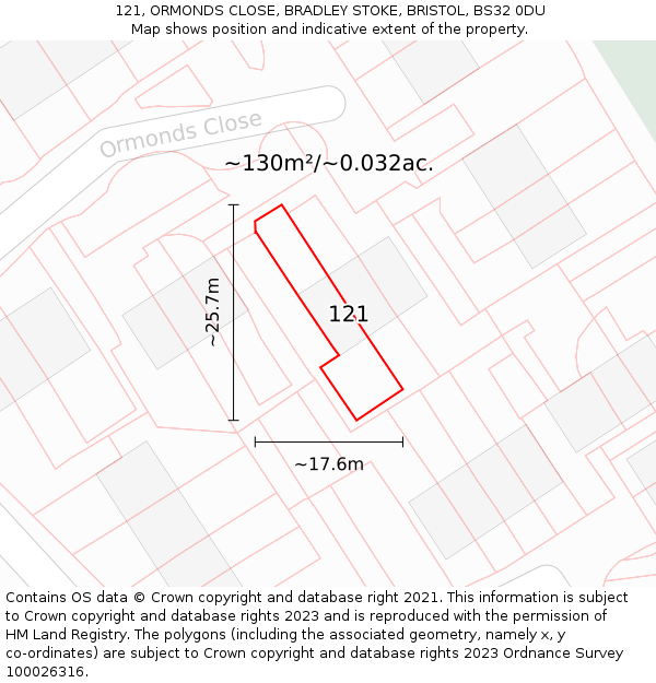 121, ORMONDS CLOSE, BRADLEY STOKE, BRISTOL, BS32 0DU: Plot and title map