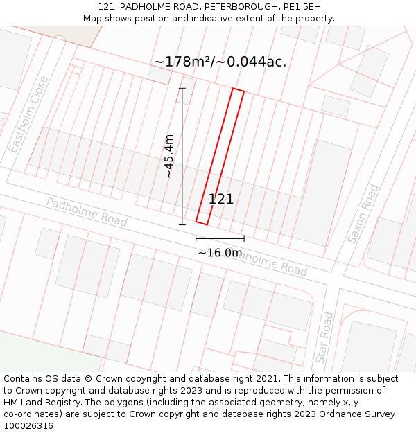 121, PADHOLME ROAD, PETERBOROUGH, PE1 5EH: Plot and title map