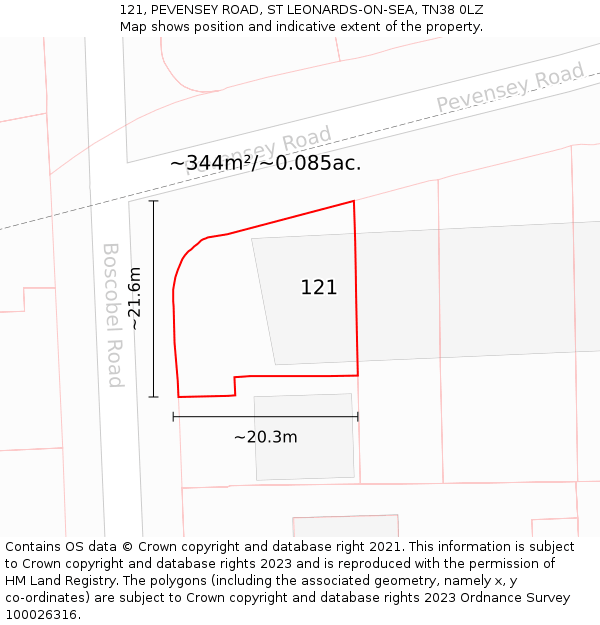121, PEVENSEY ROAD, ST LEONARDS-ON-SEA, TN38 0LZ: Plot and title map