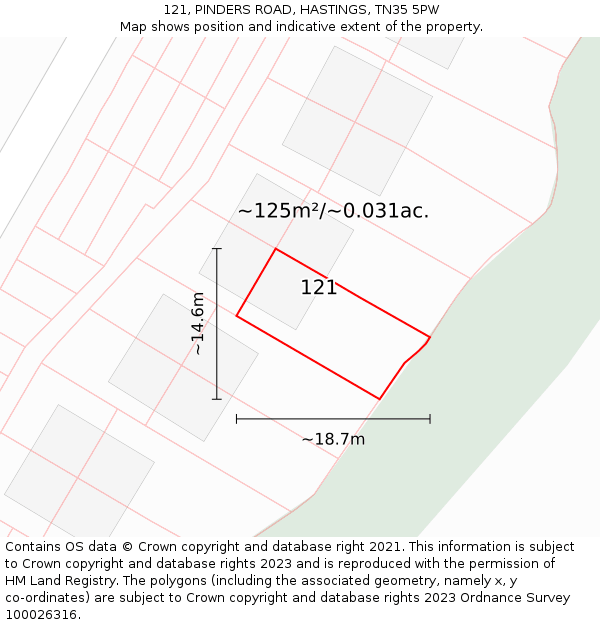 121, PINDERS ROAD, HASTINGS, TN35 5PW: Plot and title map
