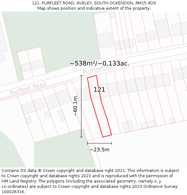 121, PURFLEET ROAD, AVELEY, SOUTH OCKENDON, RM15 4DS: Plot and title map