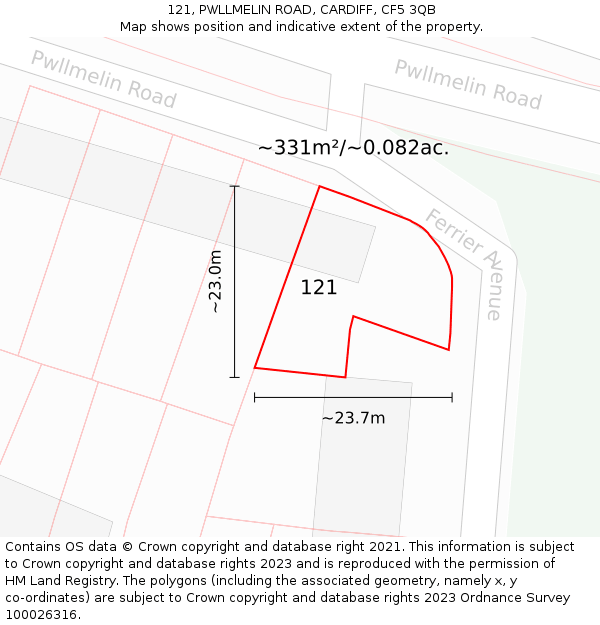 121, PWLLMELIN ROAD, CARDIFF, CF5 3QB: Plot and title map