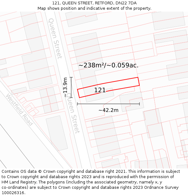 121, QUEEN STREET, RETFORD, DN22 7DA: Plot and title map