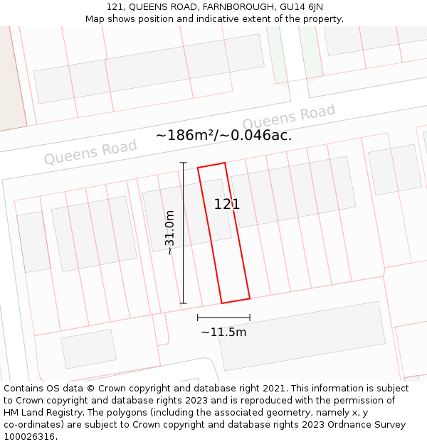 121, QUEENS ROAD, FARNBOROUGH, GU14 6JN: Plot and title map