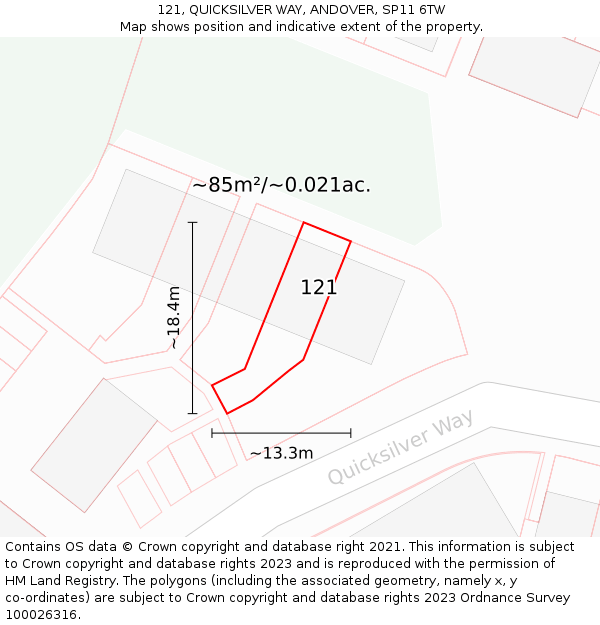 121, QUICKSILVER WAY, ANDOVER, SP11 6TW: Plot and title map