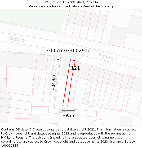 121, REFORNE, PORTLAND, DT5 2AP: Plot and title map