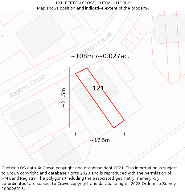 121, REPTON CLOSE, LUTON, LU3 3UP: Plot and title map