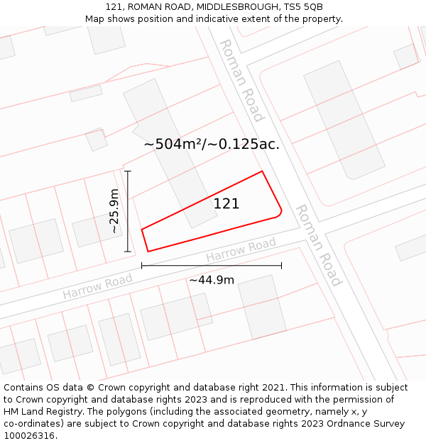 121, ROMAN ROAD, MIDDLESBROUGH, TS5 5QB: Plot and title map