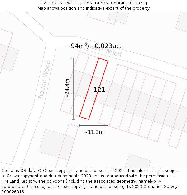 121, ROUND WOOD, LLANEDEYRN, CARDIFF, CF23 9PJ: Plot and title map