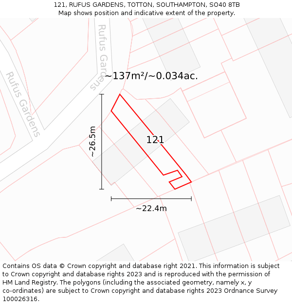 121, RUFUS GARDENS, TOTTON, SOUTHAMPTON, SO40 8TB: Plot and title map