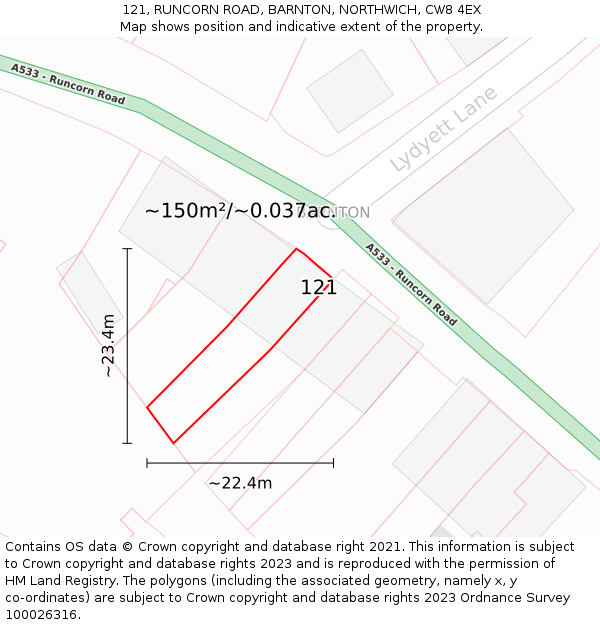 121, RUNCORN ROAD, BARNTON, NORTHWICH, CW8 4EX: Plot and title map
