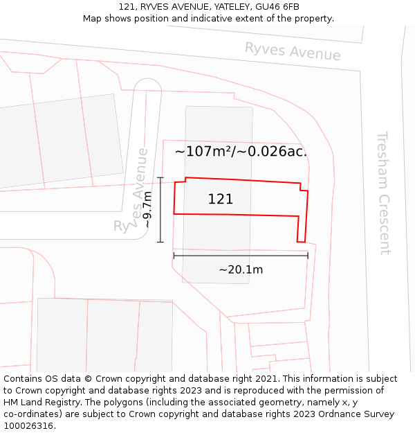 121, RYVES AVENUE, YATELEY, GU46 6FB: Plot and title map