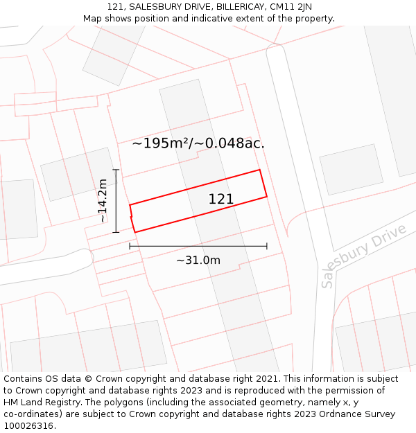 121, SALESBURY DRIVE, BILLERICAY, CM11 2JN: Plot and title map