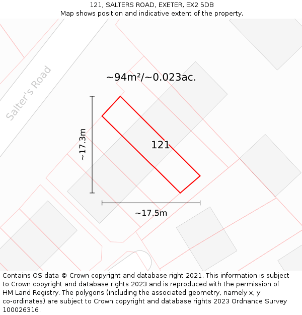 121, SALTERS ROAD, EXETER, EX2 5DB: Plot and title map