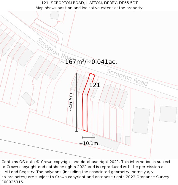 121, SCROPTON ROAD, HATTON, DERBY, DE65 5DT: Plot and title map