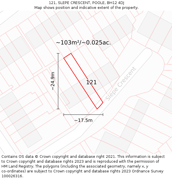 121, SLEPE CRESCENT, POOLE, BH12 4DJ: Plot and title map