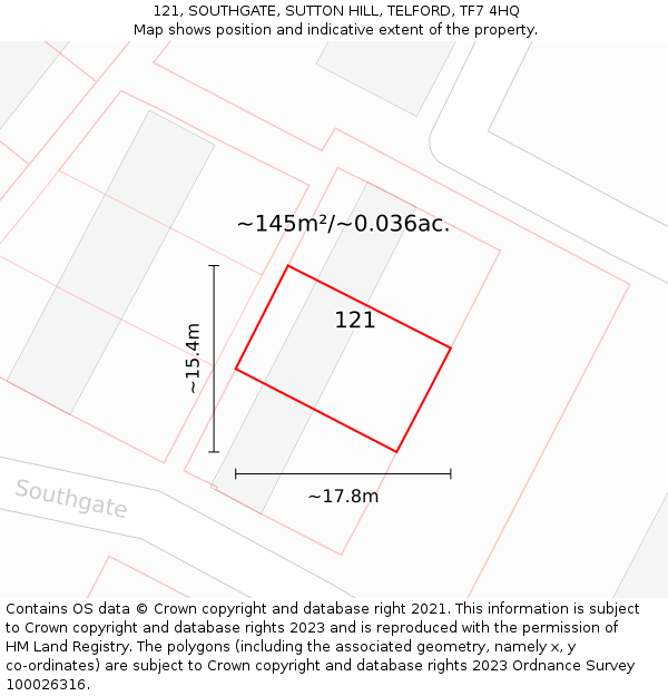 121, SOUTHGATE, SUTTON HILL, TELFORD, TF7 4HQ: Plot and title map