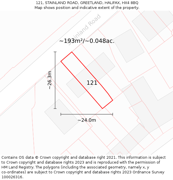 121, STAINLAND ROAD, GREETLAND, HALIFAX, HX4 8BQ: Plot and title map