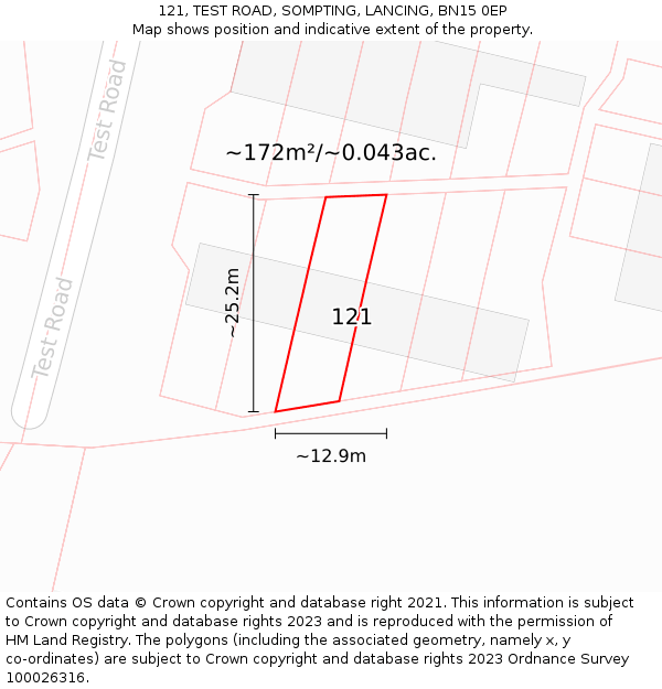 121, TEST ROAD, SOMPTING, LANCING, BN15 0EP: Plot and title map