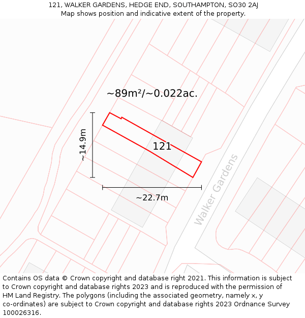 121, WALKER GARDENS, HEDGE END, SOUTHAMPTON, SO30 2AJ: Plot and title map