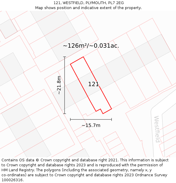 121, WESTFIELD, PLYMOUTH, PL7 2EG: Plot and title map