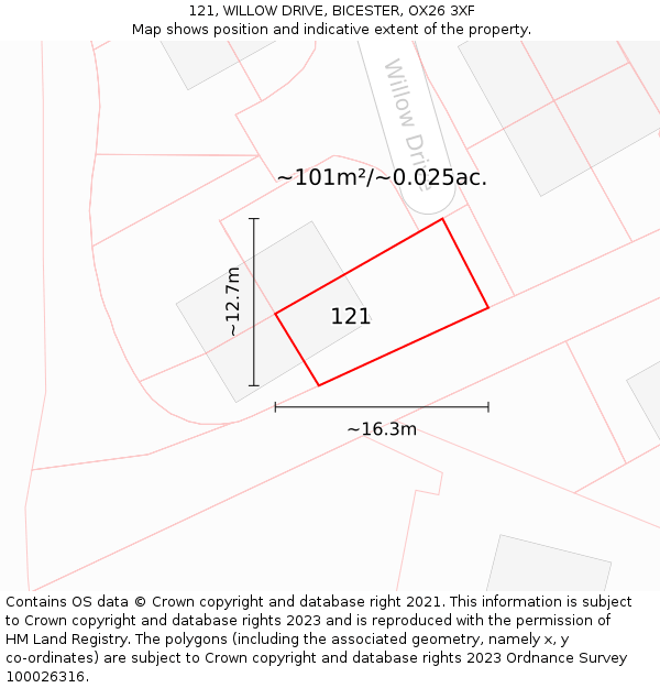 121, WILLOW DRIVE, BICESTER, OX26 3XF: Plot and title map