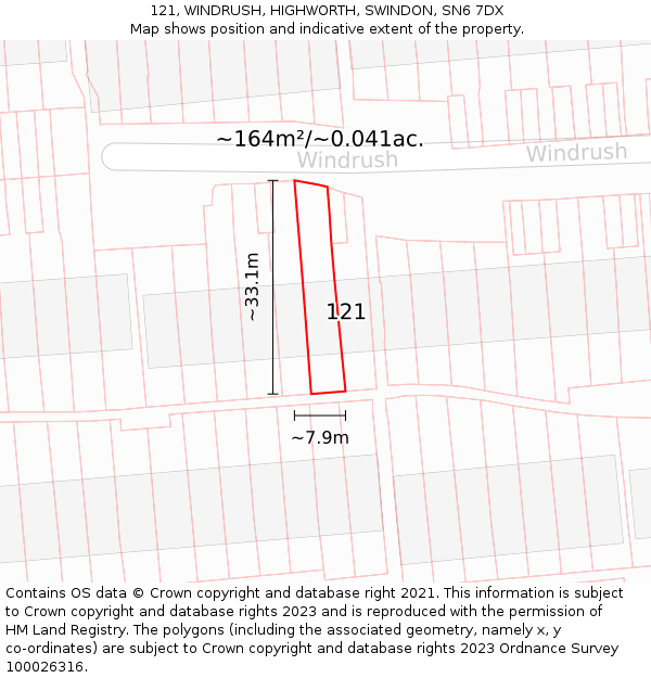 121, WINDRUSH, HIGHWORTH, SWINDON, SN6 7DX: Plot and title map