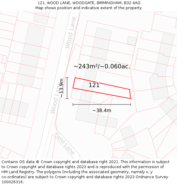 121, WOOD LANE, WOODGATE, BIRMINGHAM, B32 4AG: Plot and title map