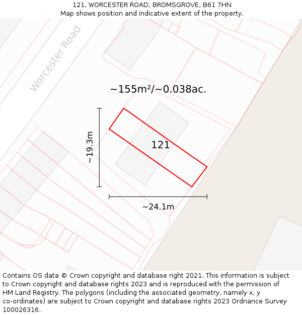 121, WORCESTER ROAD, BROMSGROVE, B61 7HN: Plot and title map