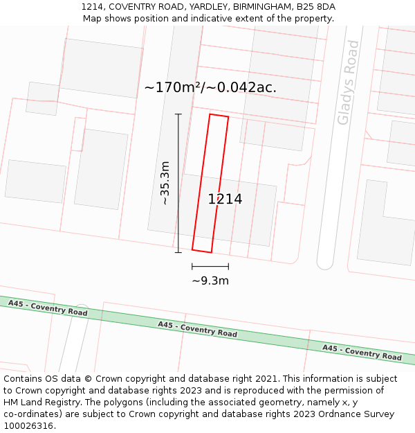 1214, COVENTRY ROAD, YARDLEY, BIRMINGHAM, B25 8DA: Plot and title map